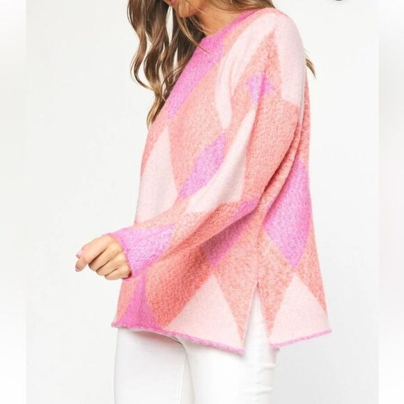 Entro Pink Orange Argyle Pullover Sweater Size M - Picture 4 of 13